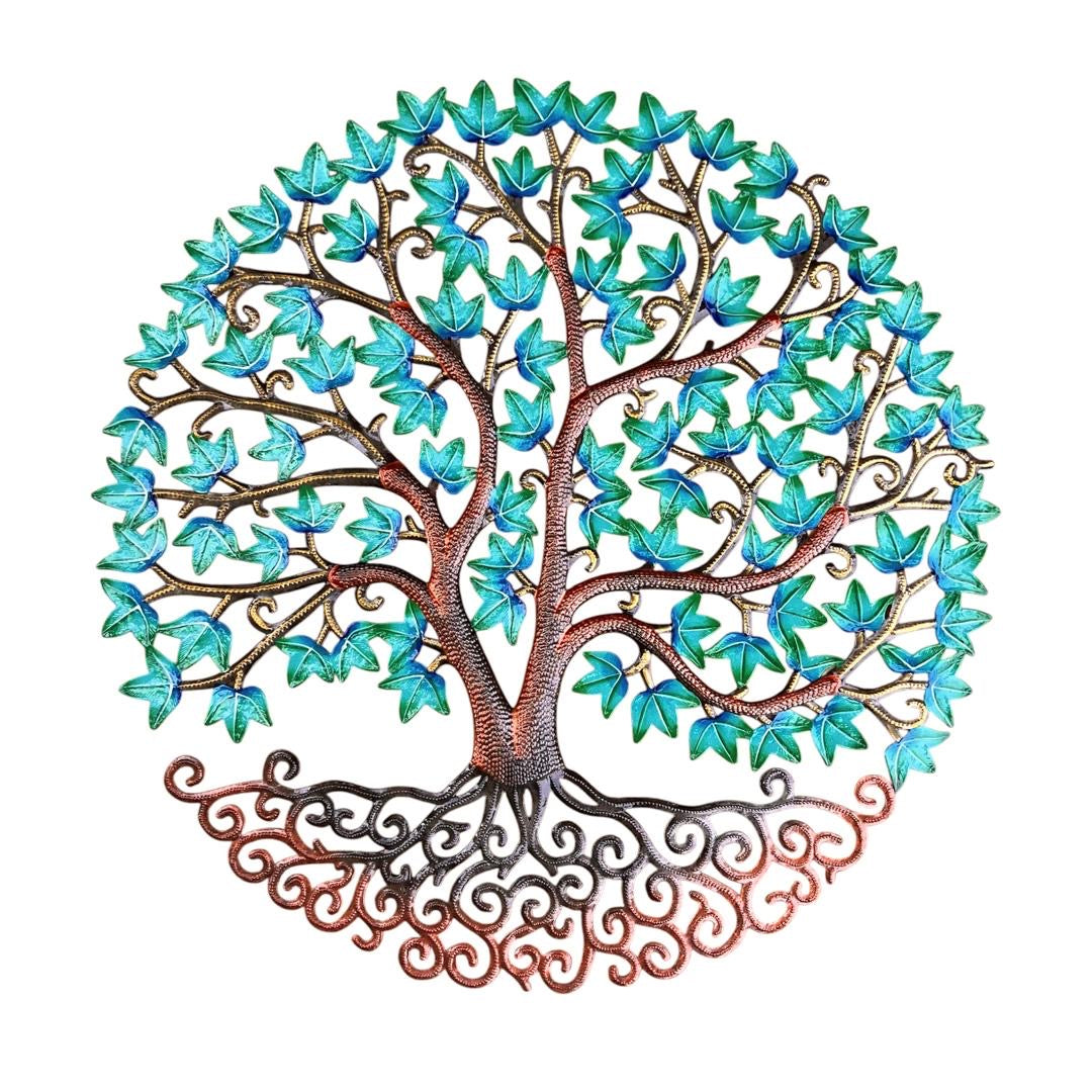 Teal & Blue Leaf Tree of Life – Handcrafted Haitian Metal Wall Art