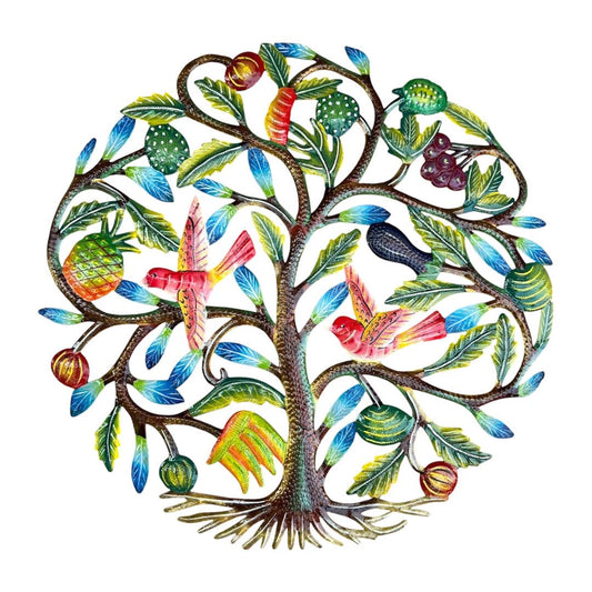 Tropical Abundance" Fruit & Birds Tree of Life – Handcrafted Haitian Metal Wall Art