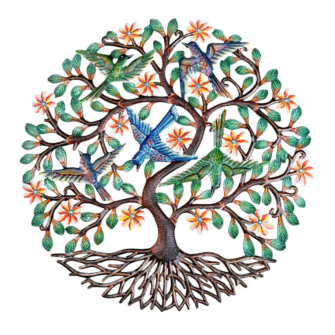 Celestial Blossoms & Birds" Tree of Life –Handcrafted Haitian Metal Wall Art