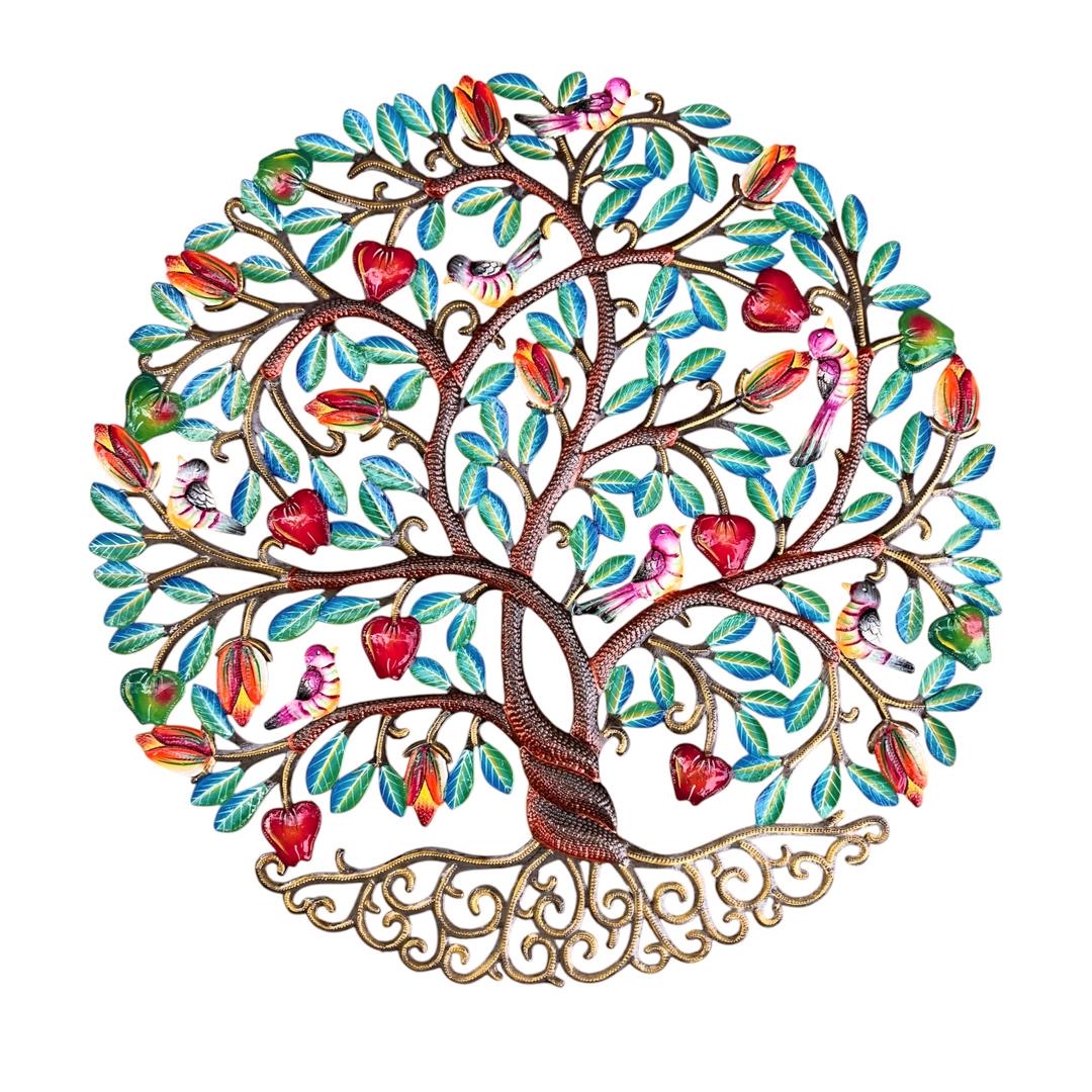 Twisted Trunk Orchard & Birds" Tree of Life – Handcrafted Haitian Metal Wall Art