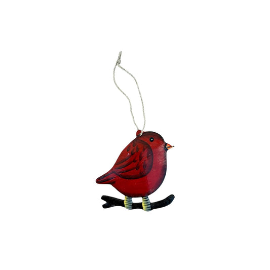Hand-painted red bird ornament perched on branch, artisan-crafted decorative hanging decor