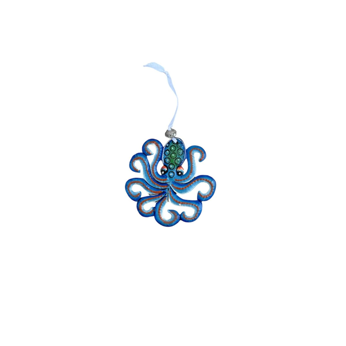 Handmade blue octopus ornament with green dotted head, crafted by Haitian artisans for decorative home use.