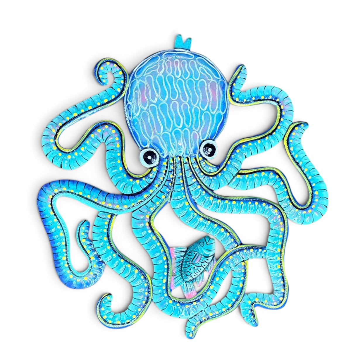 Solitary Sapphire Blue Octopus with Fish– Handcrafted Haitian Metal Wall Art