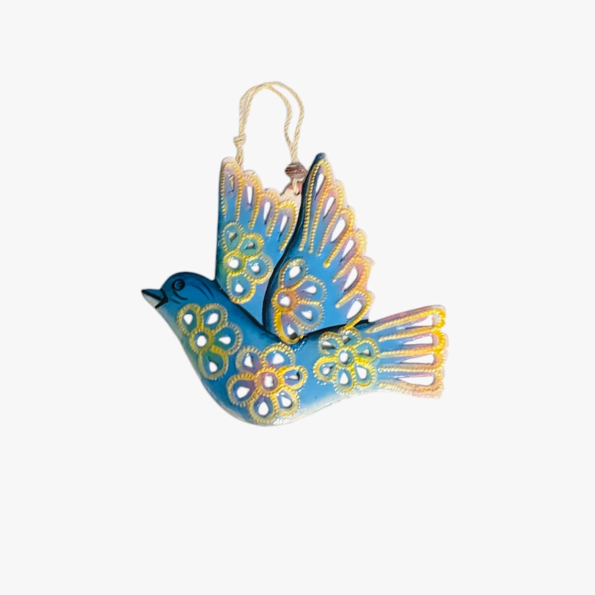 Handcrafted blue bird ornament with floral cutouts, Haitian artisan decor, hanging wall art
