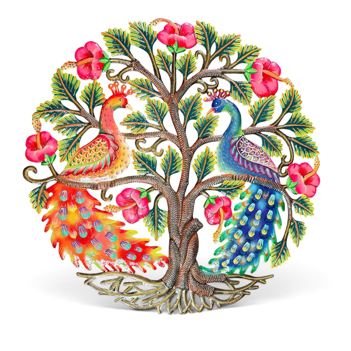 Majestic Peacocks & Hibiscus" Tree of Life – Handcrafted Haitian Metal Wall Art