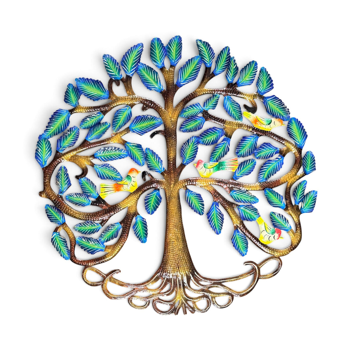 Azure Leaf & Songbird Canopy" Tree of Life – Handcrafted Haitian Metal Wall Art