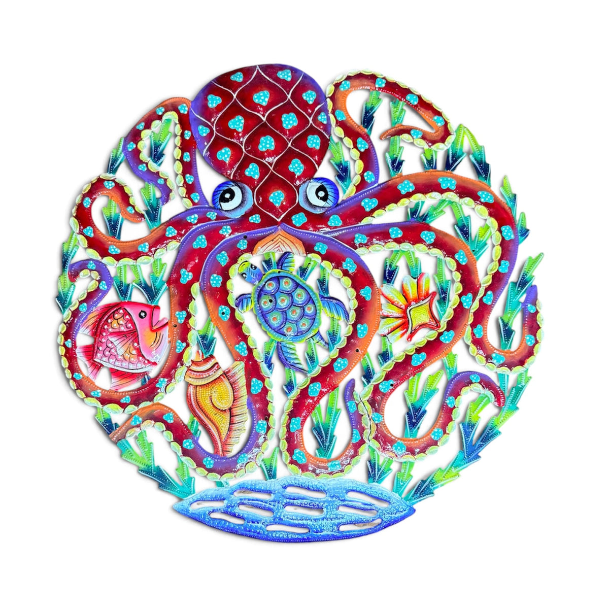 Crimson Octopus & Sea Turtle Oasis" Caribbean Marine Life – Handcrafted Haitian Metal Wall Art