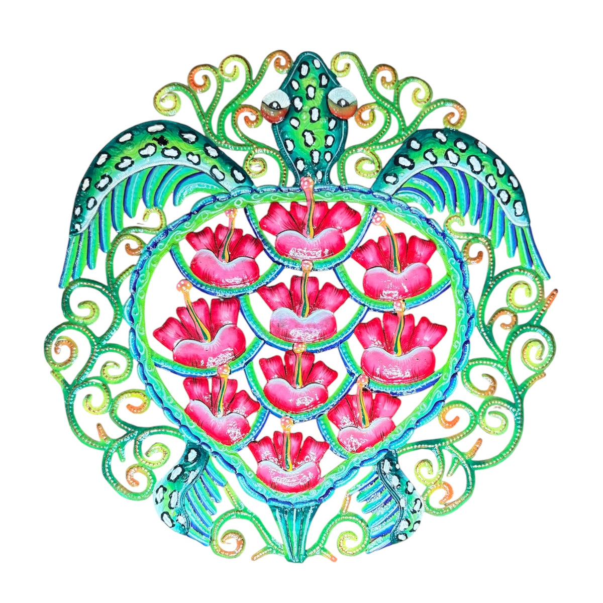 Hibiscus Shell Sea Turtle" Caribbean Marine Life – Handcrafted Haitian Metal Wall Art