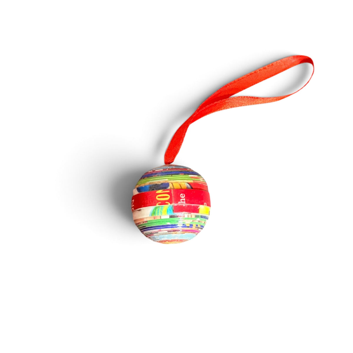 Handcrafted Recycled Paper Strip Ball Ornament – Upcycled Cereal Box Art