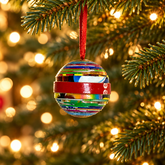 Handcrafted Recycled Paper Strip Ball Ornament – Upcycled Cereal Box Art