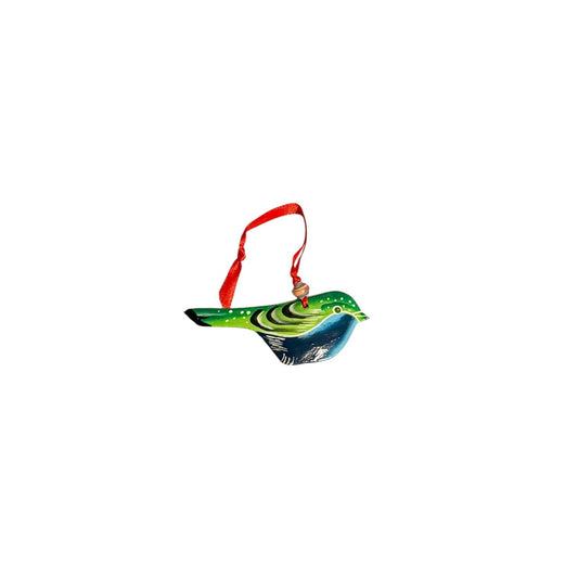 Hand-painted bird ornament with green and blue hues, red ribbon hanger, artisan-crafted decorative piece