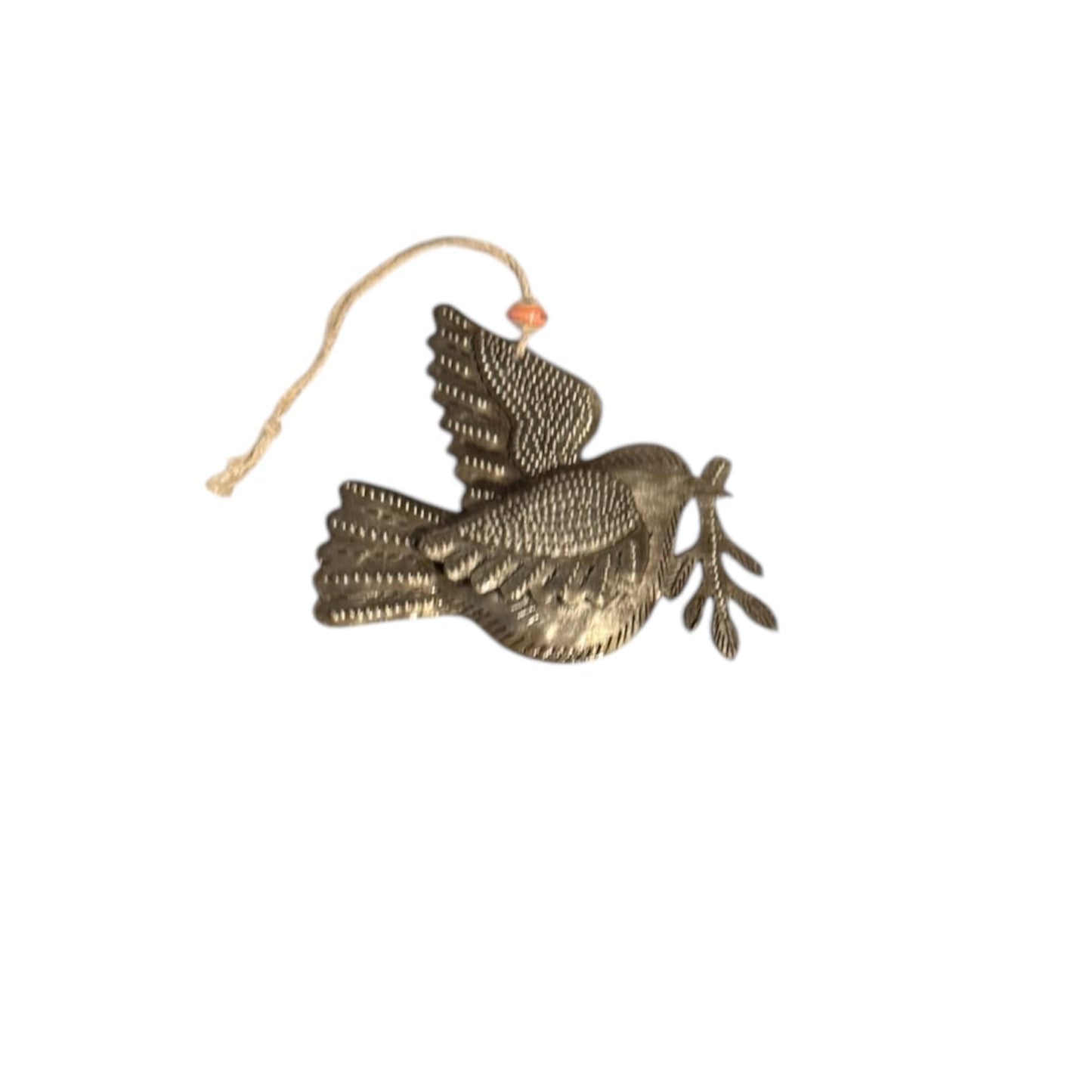 Handcrafted metal dove ornament with olive branch, symbolizing peace and artisanal beauty.