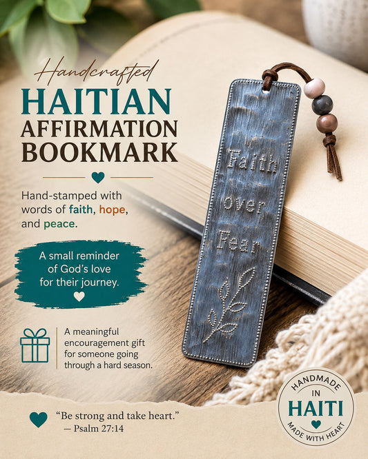Handcrafted Haitian affirmation bookmark with beaded tassel, given as an encouragement gift for someone going through a hard season