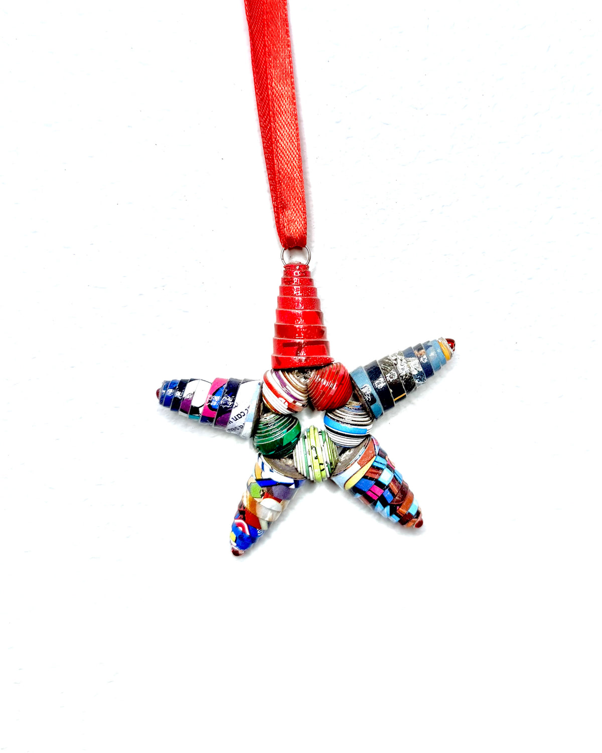 Handcrafted Recycled Paper Bead Star Ornament – Upcycled Cereal Box Art