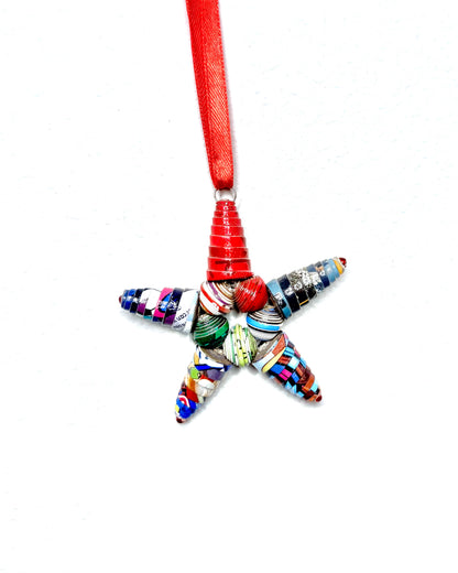 Handcrafted Recycled Paper Bead Star Ornament – Upcycled Cereal Box Art