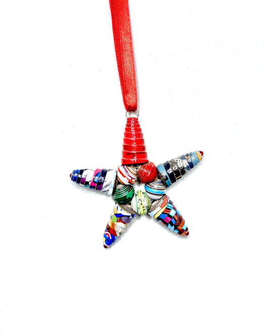 Handcrafted Recycled Paper Bead Star Ornament – Upcycled Cereal Box Art