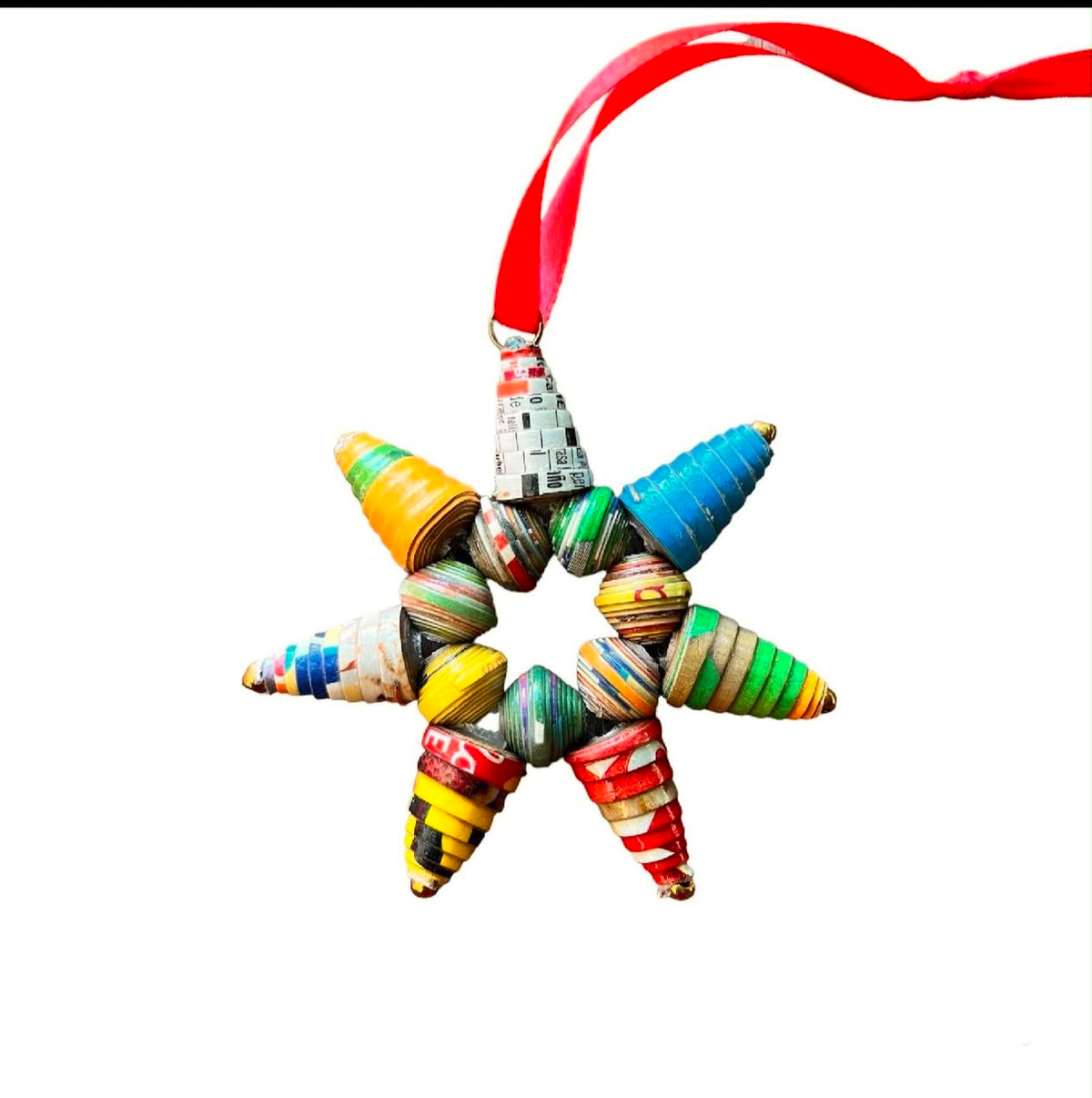 Handcrafted Recycled Paper Bead Starburst Ornament – Upcycled Cereal Box Art