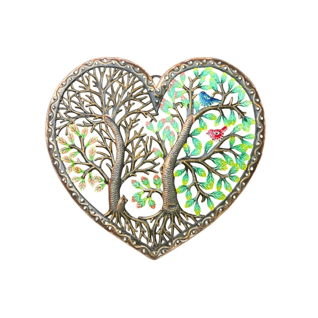 "Four Seasons Heart of Love" Dual Tree of Life – Handcrafted Haitian Metal Wall Art