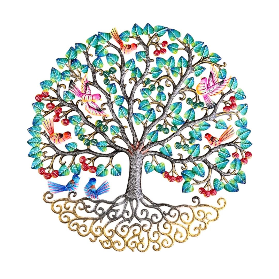 Cherry Orchard & Songbirds" Tree of Life – Handcrafted Haitian Metal Wall Art