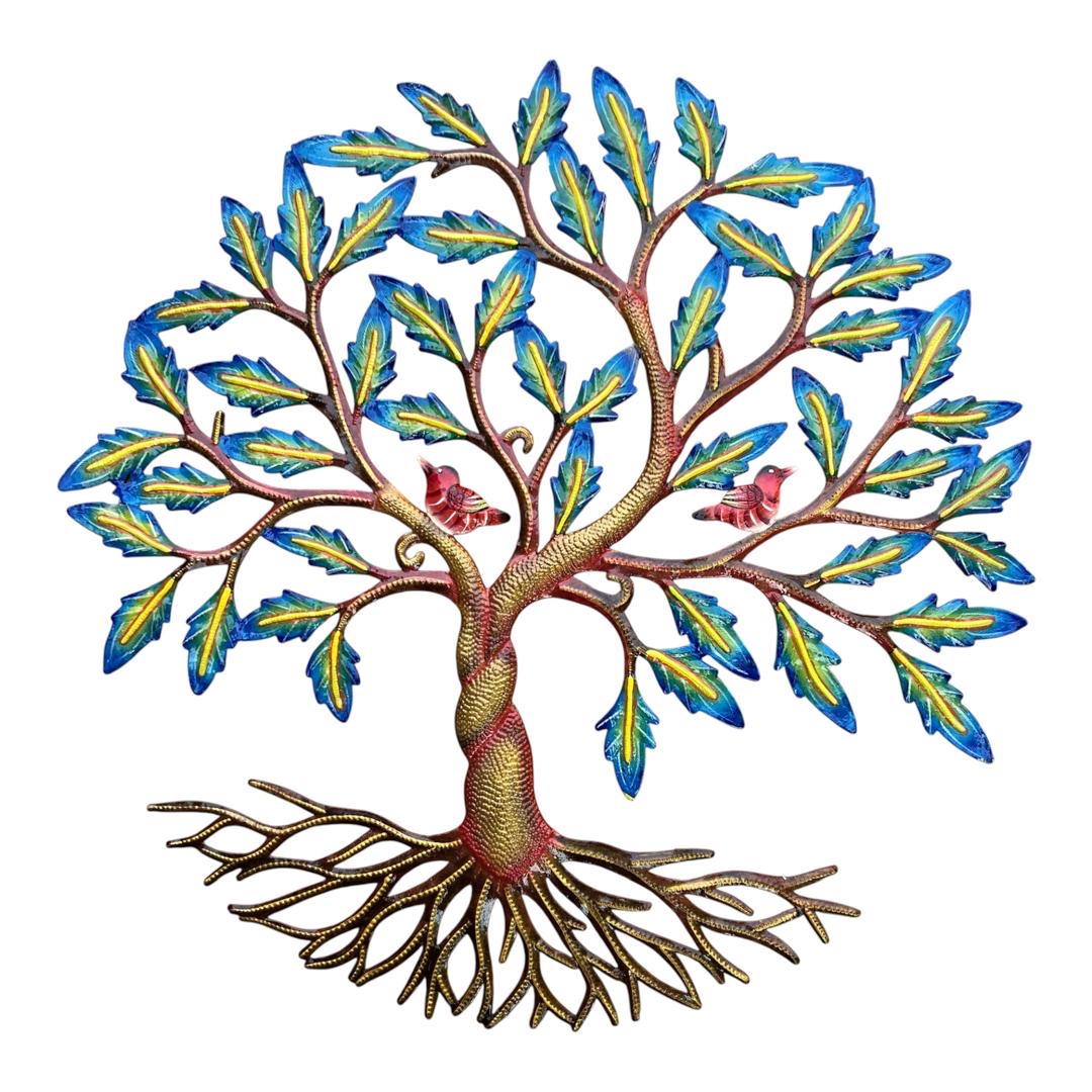 Twisted Trunk Blue Canopy" Tree of Life – Handcrafted Haitian Metal Wall Art