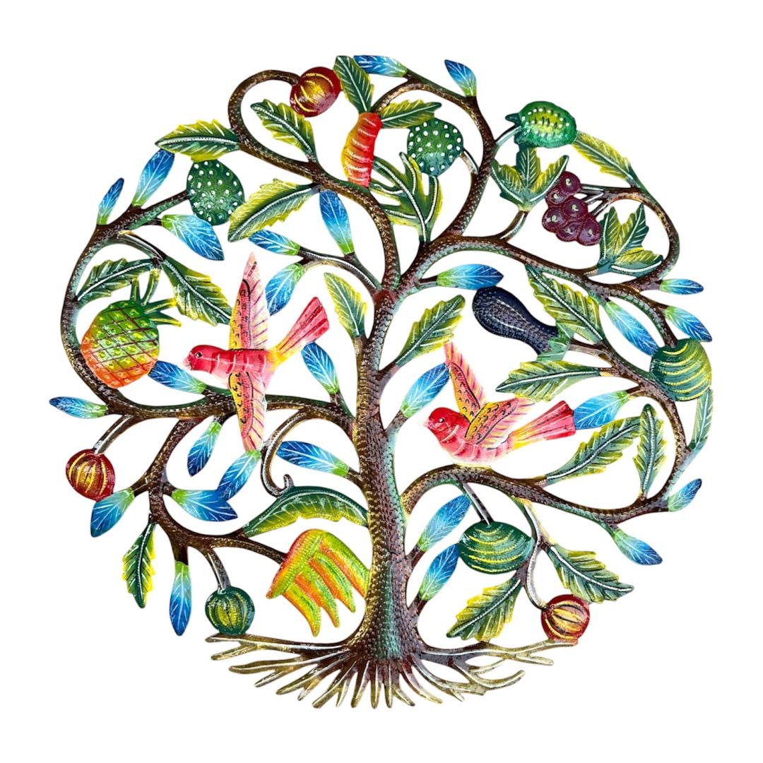 Tropical Abundance" Fruit & Birds Tree of Life – Handcrafted Haitian Metal Wall Art