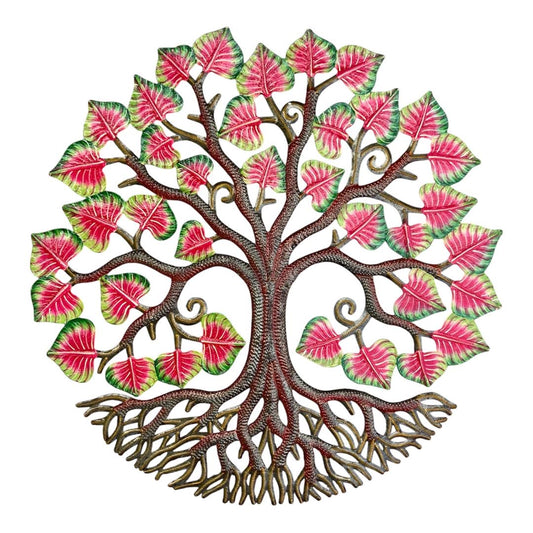 Pink Leaf Blossom Tree of Life Handcrafted Haitian Metal Wall Art