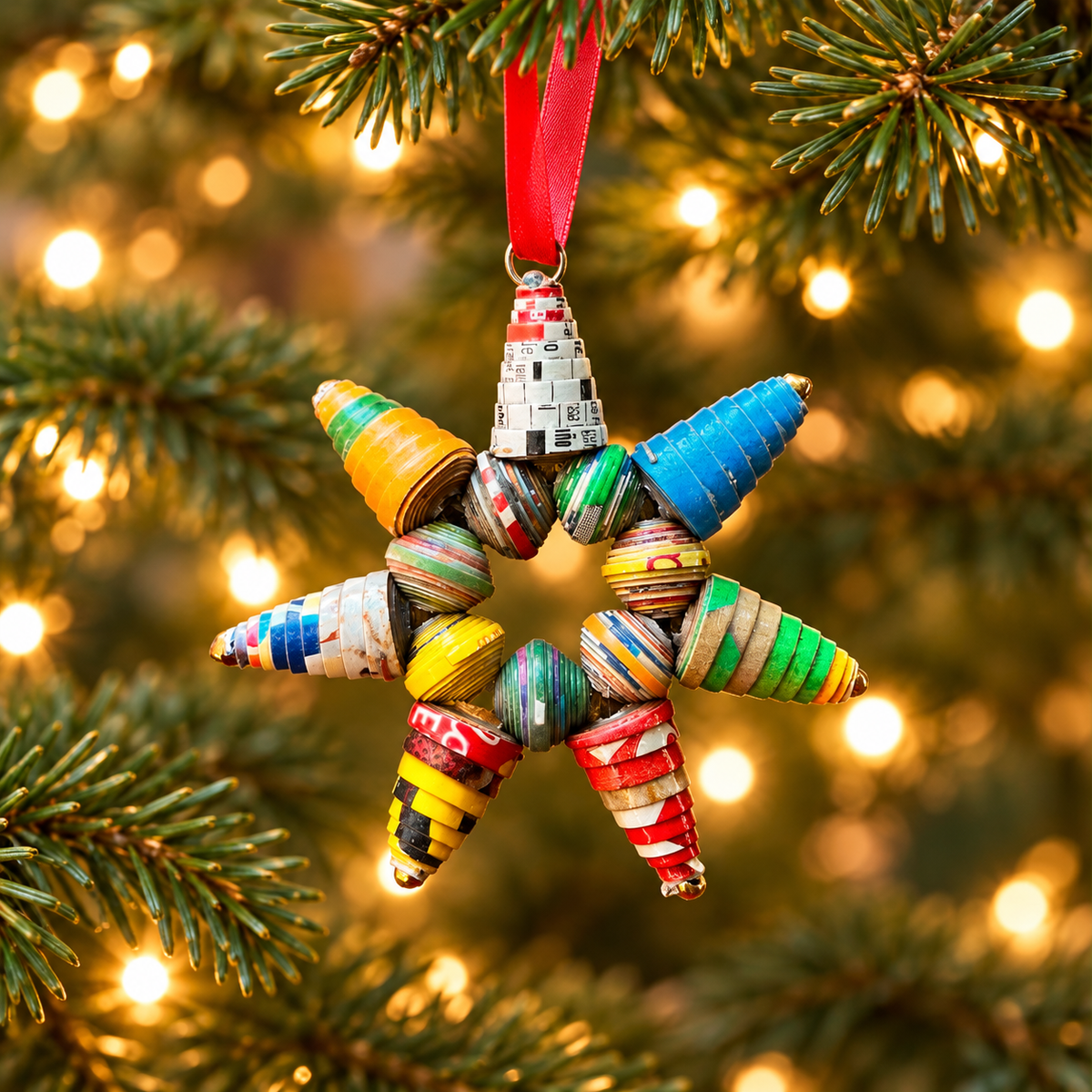 Handcrafted Recycled Paper Bead Starburst Ornament – Upcycled Cereal Box Art