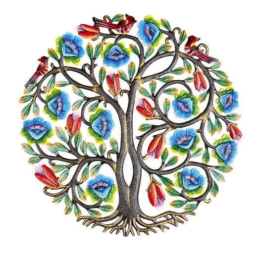 Scarlet & Sapphire Bloom" Tree of Life – Handcrafted Haitian Metal Wall Art