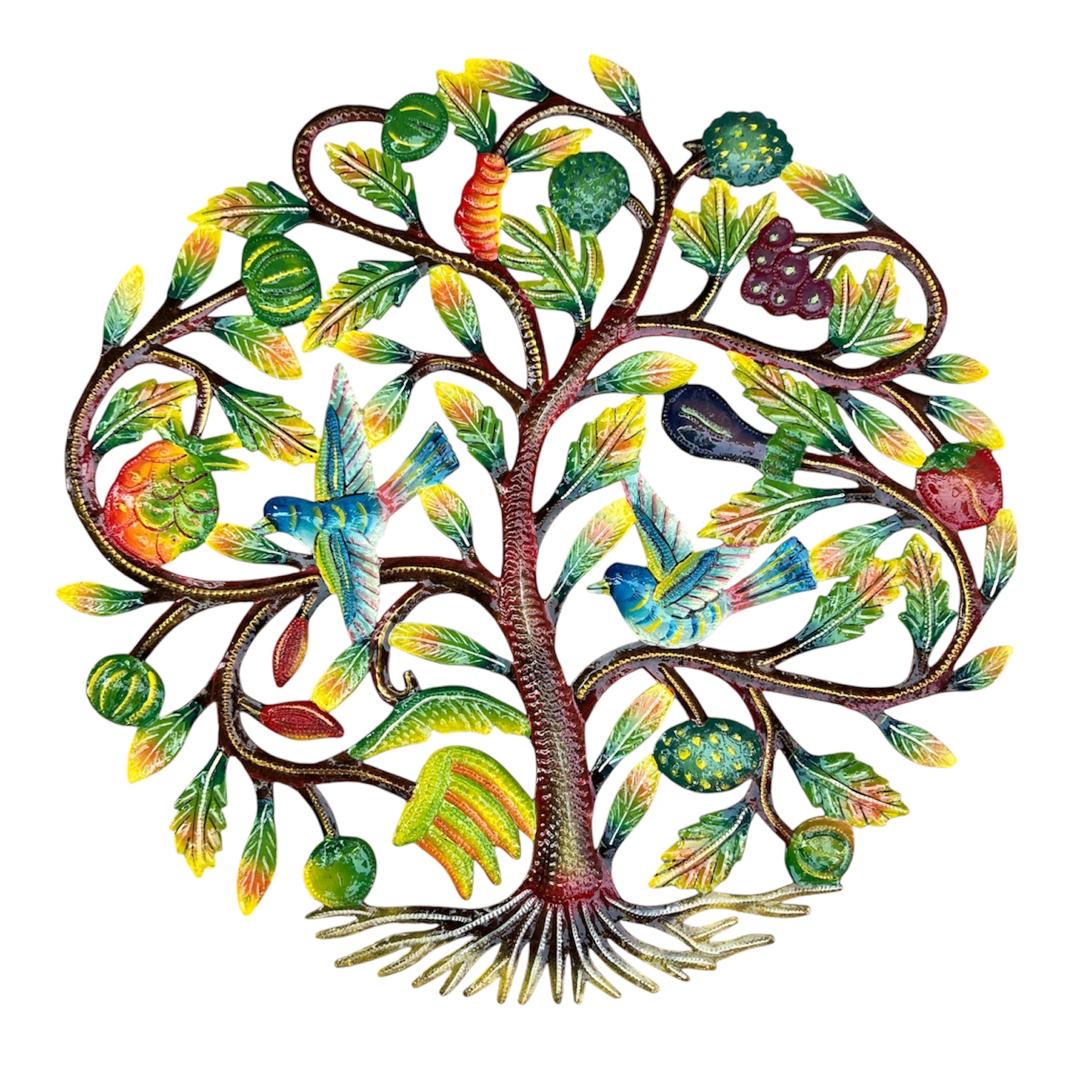 Tropical Abundance" Fruit & Birds Tree of Life – Handcrafted Haitian Metal Wall Art