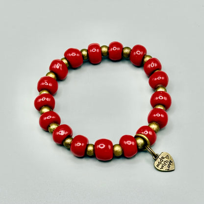 Red and gold beaded bracelet with 'Made with Love' heart charm, handmade artisan jewelry