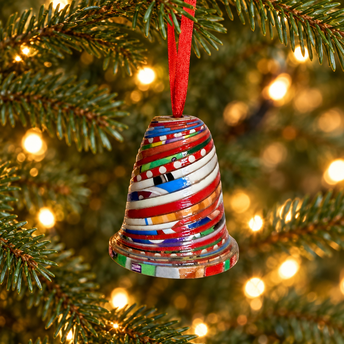 Handcrafted Recycled Paper Bead Bell Ornament – Upcycled Cereal Box Art