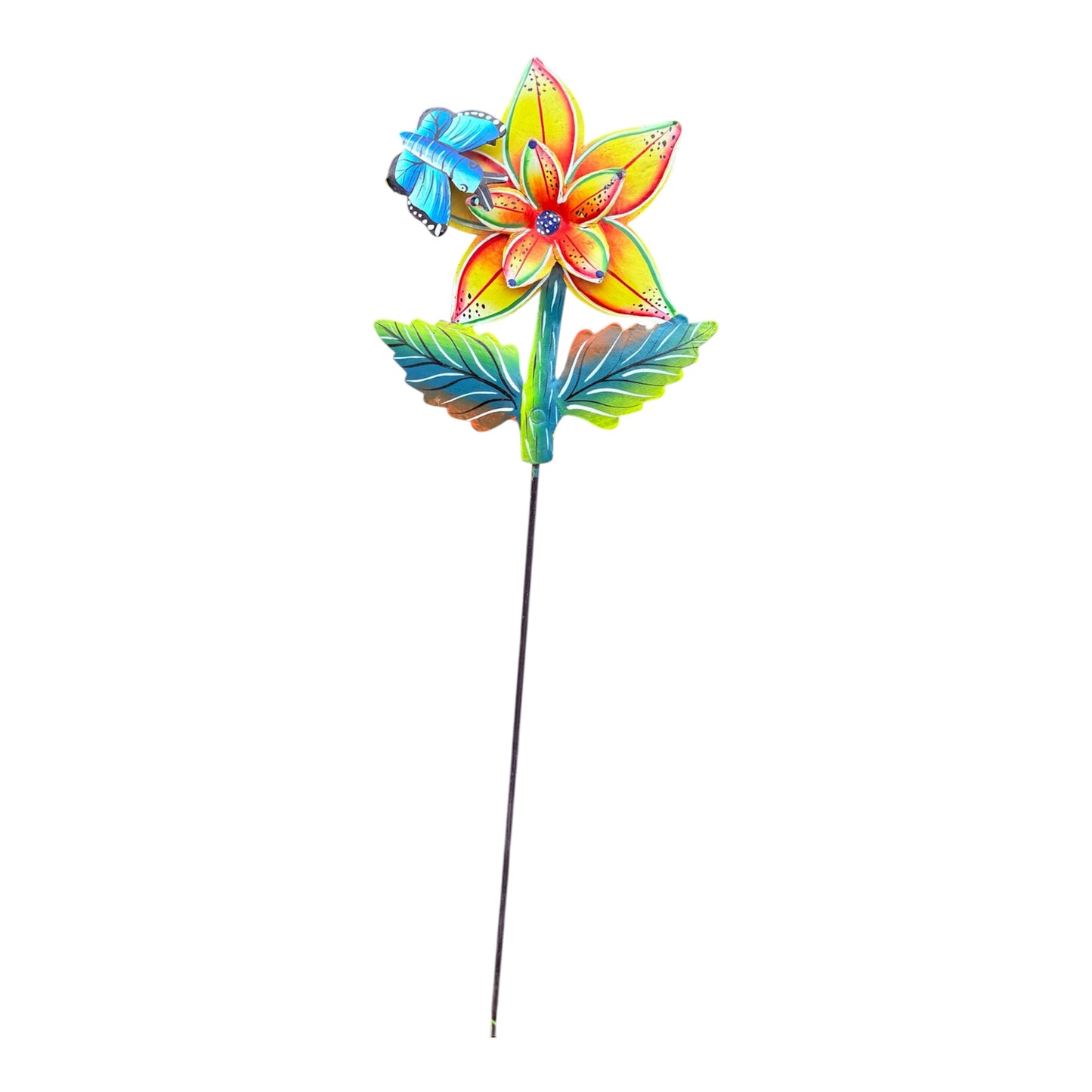 Haitian Recycled Metal Garden Stake – Birds, Lizard & Flowers