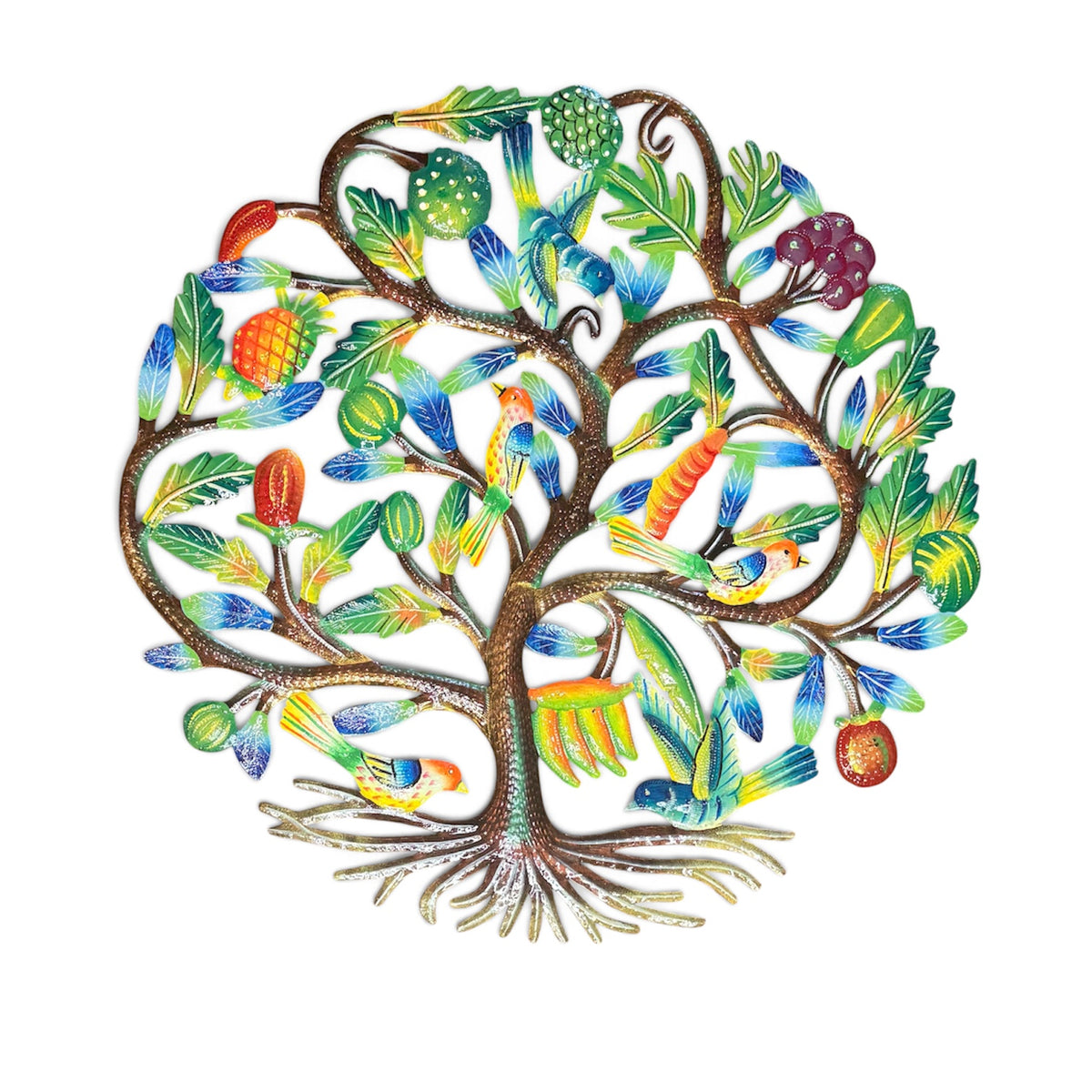 Tropical Abundance" Fruit & Birds Tree of Life – Handcrafted Haitian Metal Wall Art