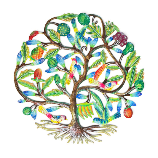 Tropical Abundance" Fruit & Birds Tree of Life – Handcrafted Haitian Metal Wall Art