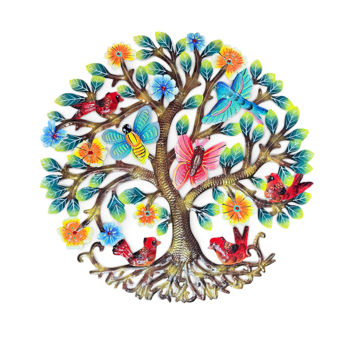 Garden Pollinators & Cardinals" Tree of Life – Handcrafted Haitian Metal Wall Art
