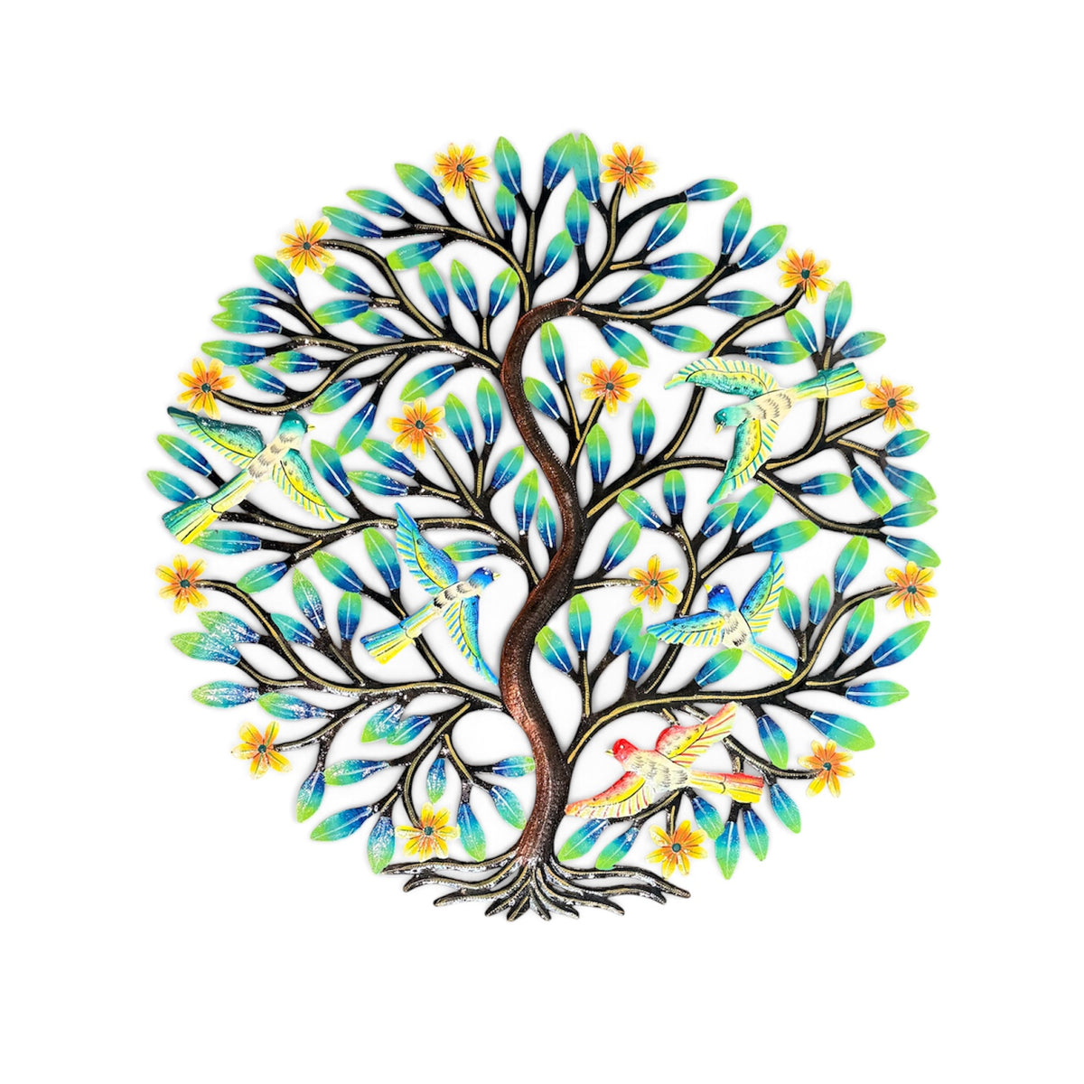 Meadow Songbirds & Wildflowers" Tree of Life – Handcrafted Haitian Metal Wall Art