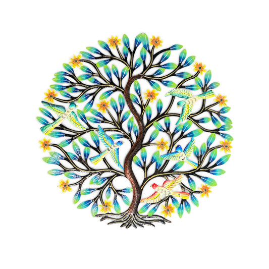 Meadow Songbirds & Wildflowers" Tree of Life – Handcrafted Haitian Metal Wall Art