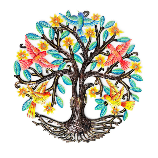 Colorful Songbird Haven" Tree of Life – Handcrafted Haitian Metal Wall Art