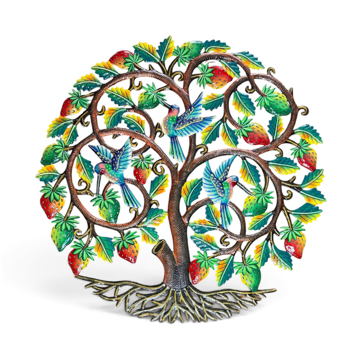 Strawberry Orchard Hummingbirds" Tree of Life – Handcrafted Haitian Metal Wall Art