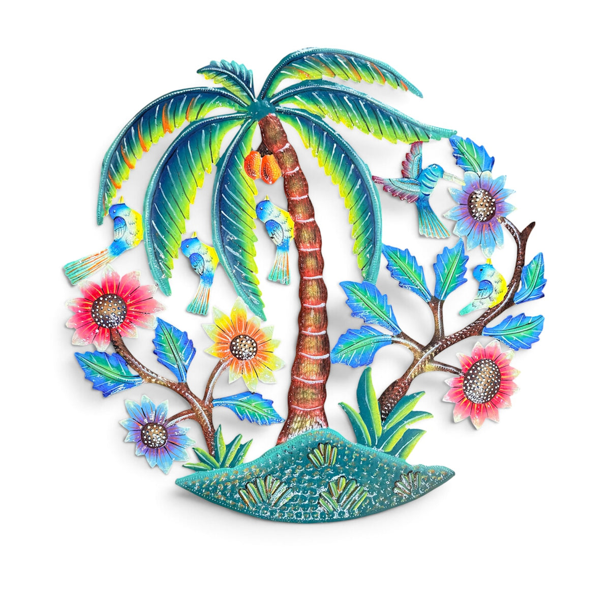 "Tropical Palm & Songbird Paradise" Tree of Life – Handcrafted Haitian Metal Wall Art