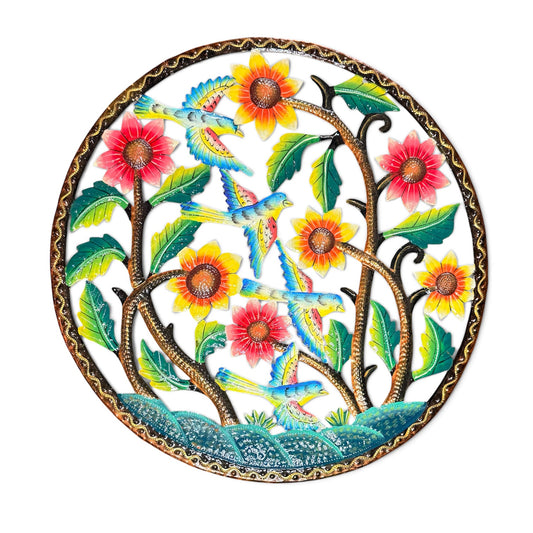 Framed Sunflower & Songbird Garden" Tree of Life – Handcrafted Haitian Metal Wall Art