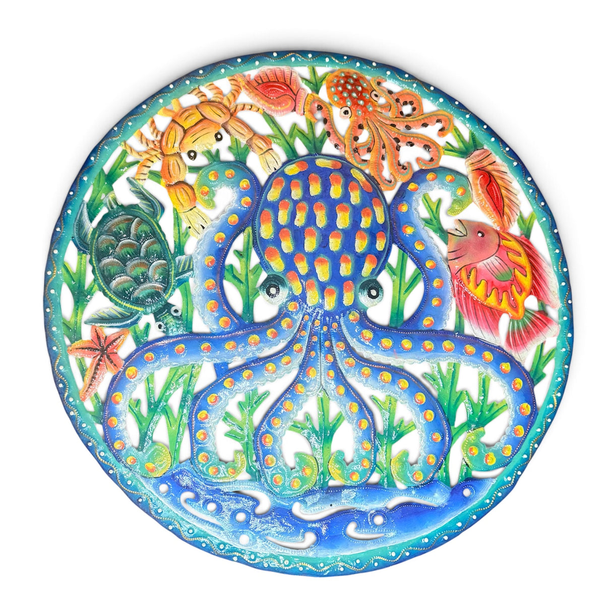 Framed Blue Octopus Reef Sanctuary" Caribbean Marine Life – Handcrafted Haitian Metal Wall Art