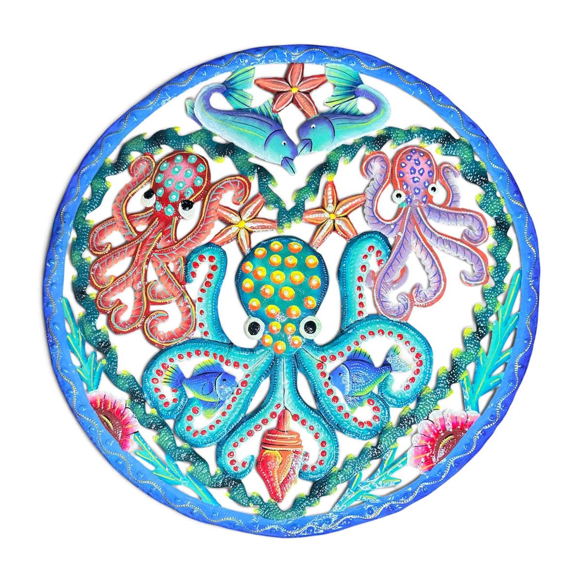 Framed Octopus Trio & Dolphins" Caribbean Marine Life – Handcrafted Haitian Metal Wall Art