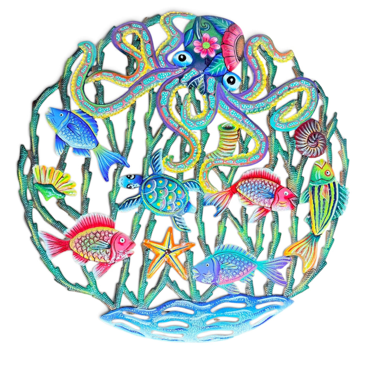 Floral Crown Octopus & Reef Sanctuary" Caribbean Marine Life – Handcrafted Haitian Metal Wall Art