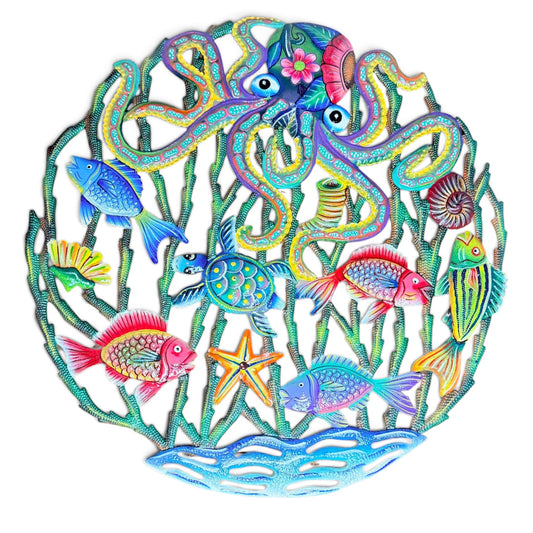 Floral Crown Octopus & Reef Sanctuary" Caribbean Marine Life – Handcrafted Haitian Metal Wall Art
