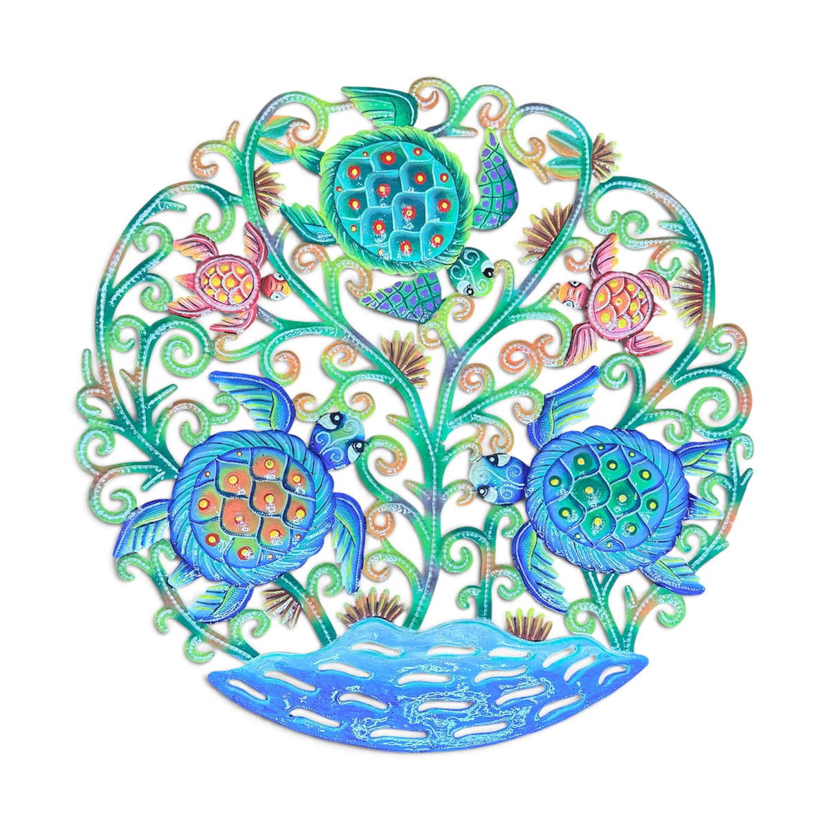 Sea Turtle Family Oasis" Caribbean Marine Life – Handcrafted Haitian Metal Wall Art