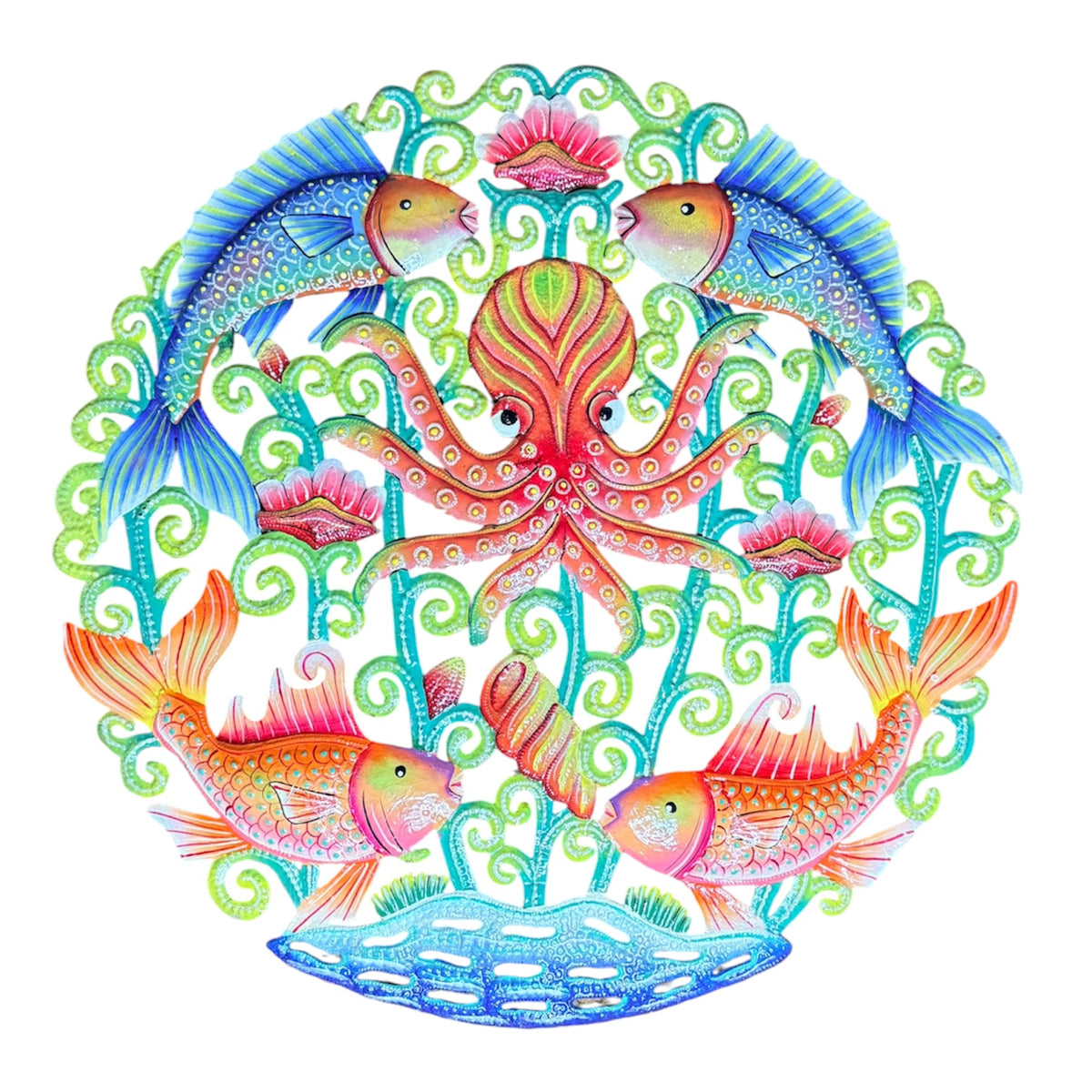 Symmetrical Coral Octopus & Reef Fish" Caribbean Marine Life – Handcrafted Haitian Metal Wall Art
