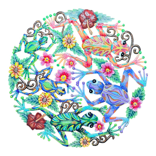 Rainforest Frog Gathering" Tropical Garden – Handcrafted Haitian Metal Wall Art