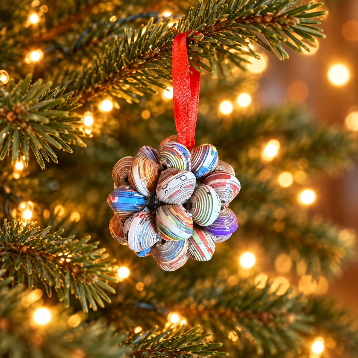 Handcrafted Recycled Paper Bead Cluster Ball Ornament – Upcycled Cereal Box Art