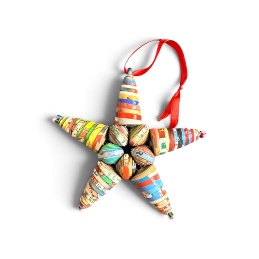 Handcrafted Recycled Paper Bead Jumbo Star Ornament – Upcycled Cereal Box Art